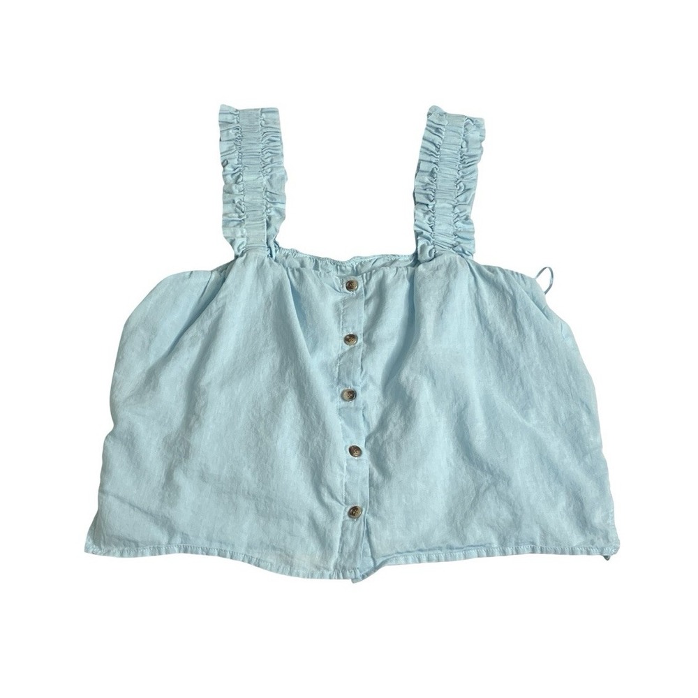 Treasure & Bond Ruffle Strap Boxy Cropped Top L Blue Lined Button Coastal Boho